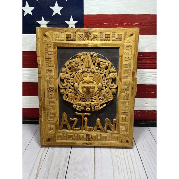 Mexican Wooden Inlay Carved Wall Art Handmade Aztec Aztlan Custom Artwork Frame - Picture 1 of 13